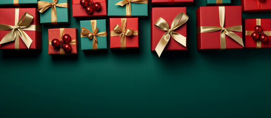 Cheerful Holiday Greetings, Festive Red Gift Boxes atop a Green Backdrop, Ready for Your Personalized Message