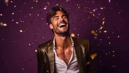 happy smiling portrait of a handsome man on purple background, celebration with golden confetti