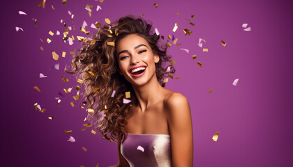 happy smiling portrait of a woman on purple background, celebration with golden confetti