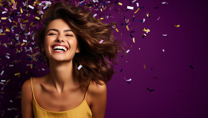 happy smiling portrait of a woman on purple background, celebration with golden confetti