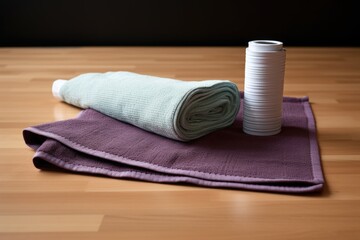 Fototapeta na wymiar yoga mat, block, and stretched towel ready for use