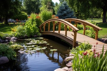 a wooden footbridge crossing over a backyard koi pond
