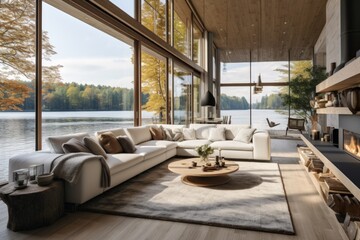 Fototapeta na wymiar The home interior design of modern living room near the lake