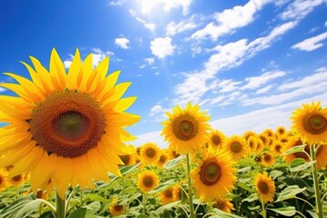 a field of sunflowers under a bright, sunny sky