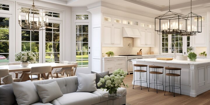 a living room with a kitchen combination that makes it simple and looks luxurious, aesthetic