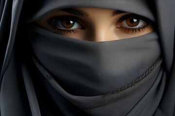 Naklejka premium Beautiful woman in a stylish Muslim outfit in a burqa, brown eyes. The religious concept of Islam in a dynamic world, the mysterious East.