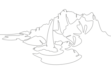 Waterfall in the mountains. Beautiful mountain waterfall. Rocky landscape. One continuous line. Linear. Hand drawn, white background