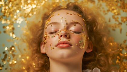 portrait of a beautiful enjoying young woman with closed eyes, golden confetti and perfect skin