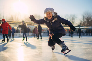 happy smiling old woman skating in the ice rink - obrazy, fototapety, plakaty