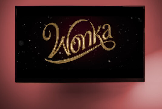 Wonka movie logo 2023 on TV screen