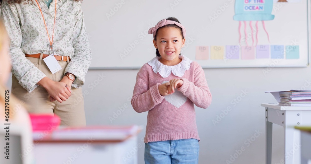 Poster Class, presentation and happy child speaker with applause and cheering in classroom at school. Young kid, education and talk of project with a student and teacher with children group discussion