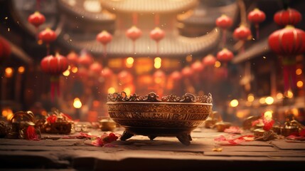 Chinese New Year traditional composition with red lanterns and golden decoration. Lunar New Year. - obrazy, fototapety, plakaty
