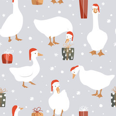 Geese in Santa Claus helper hats seamless pattern. Cartoon goose and gift boxes. Background for Christmas wrapping paper, wallpaper, clothes print and fabrics. Vector illustration