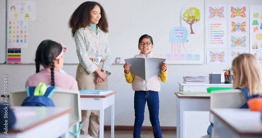 Poster Student, child and reading a book in class for learning, development and communication. A boy kid and teacher woman teaching language, support and assessment in elementary classroom at school
