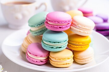 Fototapeta na wymiar surreal colored macarons stacked on a clear white plate