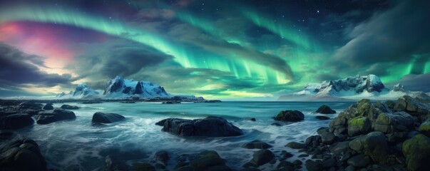 Fototapeta na wymiar beautiful polar lights in cold mountain winter landscape