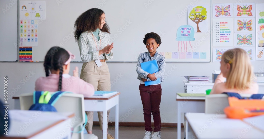 Aufkleber class paper, presentation and child speaker with applause and cheering in classroom at school. young