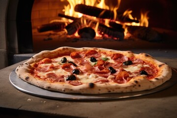 large pizza in a wood-fired oven