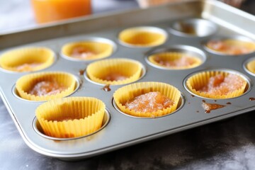 muffins in silicone baking cups on a metal tray