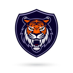 This fierce and powerful tiger mascot head logo, set within a shield, represents strength and competitiveness. Perfect for esport and gaming teams, it features a white background for versatility