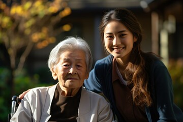 Obraz premium Young female nurse outside with a senior patient in a wheelchair