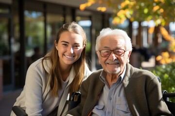 Young female nurse outside with a senior patient in a wheelchair