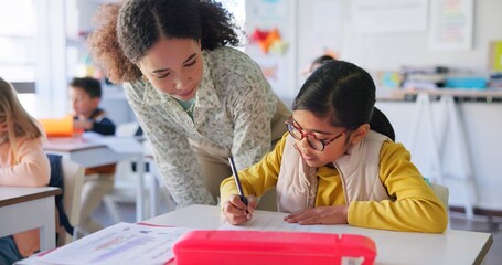 Teacher, girl and reading with question, book and classroom for education, question and mentorship...