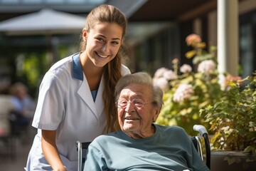 Young female nurse outside with a senior patient in a wheelchair