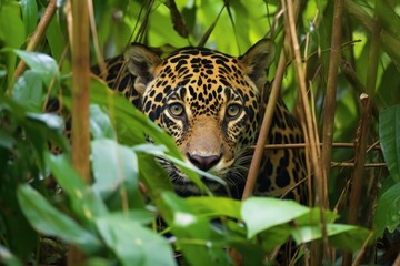 a jaguar restfully hidden among thick jungle foliage