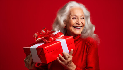 happy old woman with gift on red background with copy space