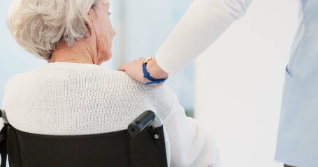 Hand, shoulder and wheelchair with a senior woman in a nursing home for trust, wellness or empathy....