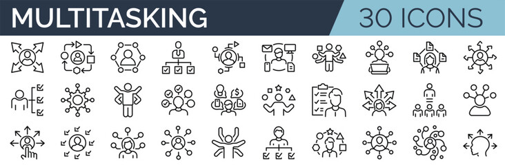 Set of 30 outline icons related to multitasking. Linear icon collection. Editable stroke. Vector illustration