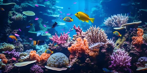 Naklejka na ściany i meble A Mesmerizing Journey Colorful Fish Swims Among Colorful Corals, Creating a Beautiful Underwater Paradise generative AI
