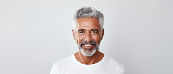 Portrait of a happy smiling beautiful aging mature man with smooth healthy face skin and gray hair on white background with empty copy space - obrazy, fototapety, plakaty