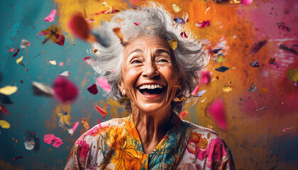 happy smiling portrait of an old woman with colorful confetti - obrazy, fototapety, plakaty