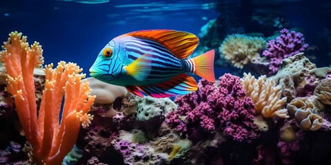 Fototapeta na wymiar A Beautiful Story of Colorful Fish Dancing Amongst Vibrant Coral Reefs generative AI