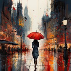 Line drawing of a woman on a rainy day, carrying a red umbrella. She walks down a modern city street. The wet street reflects buildings and surroundings.