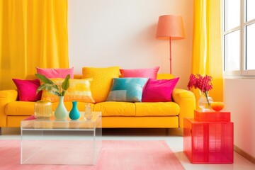 monochromatic room with bright color accents