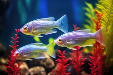 two rainbowfish swimming together amongst vibrant coral