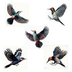 A set of male and female Lewis's woodpeckers flying isolated on a white background