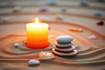 glowing candle among zen stones on sand