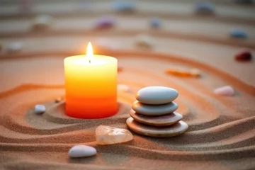 Cercles muraux Pierres dans le sable glowing candle among zen stones on sand