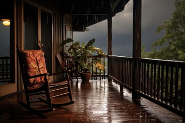 a rocking chair on a covered patio with rain falling in the background