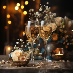 Glasses with sparkling wine on the background of delicate bright gold bokeh. AI generative