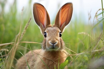 close-up of a rabbits long ears, showing alertness - obrazy, fototapety, plakaty