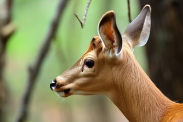 close-up of a deers ear, showing alertness - obrazy, fototapety, plakaty