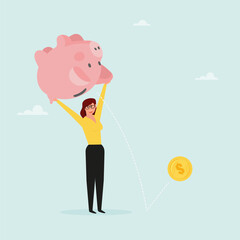 The girl shakes the piggy bank to wipe out the money. The concept of withdrawing money from a deposit, or taking a loan to open your own business. Vector illustration.
