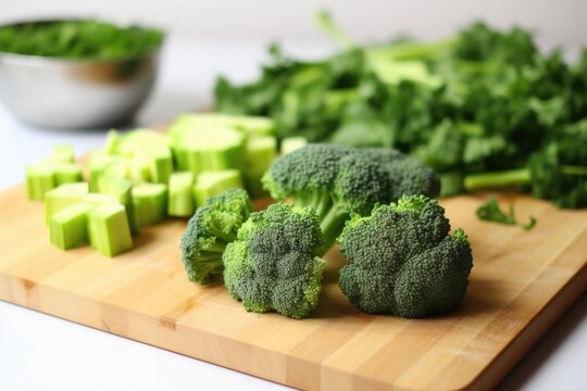 crispy, green broccoli florets on a white chopping board