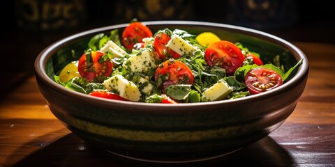 A bowl of salad with tomatoes, spinach, and cheese.