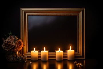 lit candles casting light on a photo frame